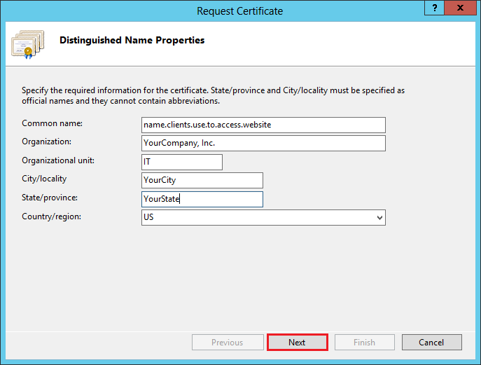 IIS 8/8.5 Internet Information Services (IIS) Manager - Certificate Import wizard - Distinguished Name Properties