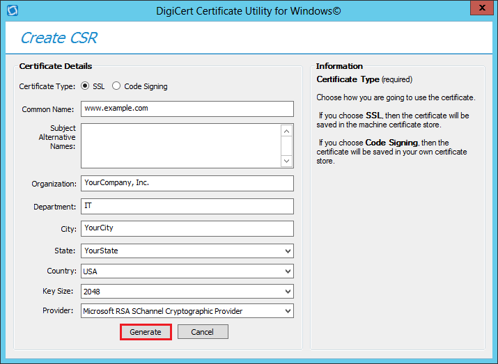 DigiCert Certificate Utility for Windows - Create CSR