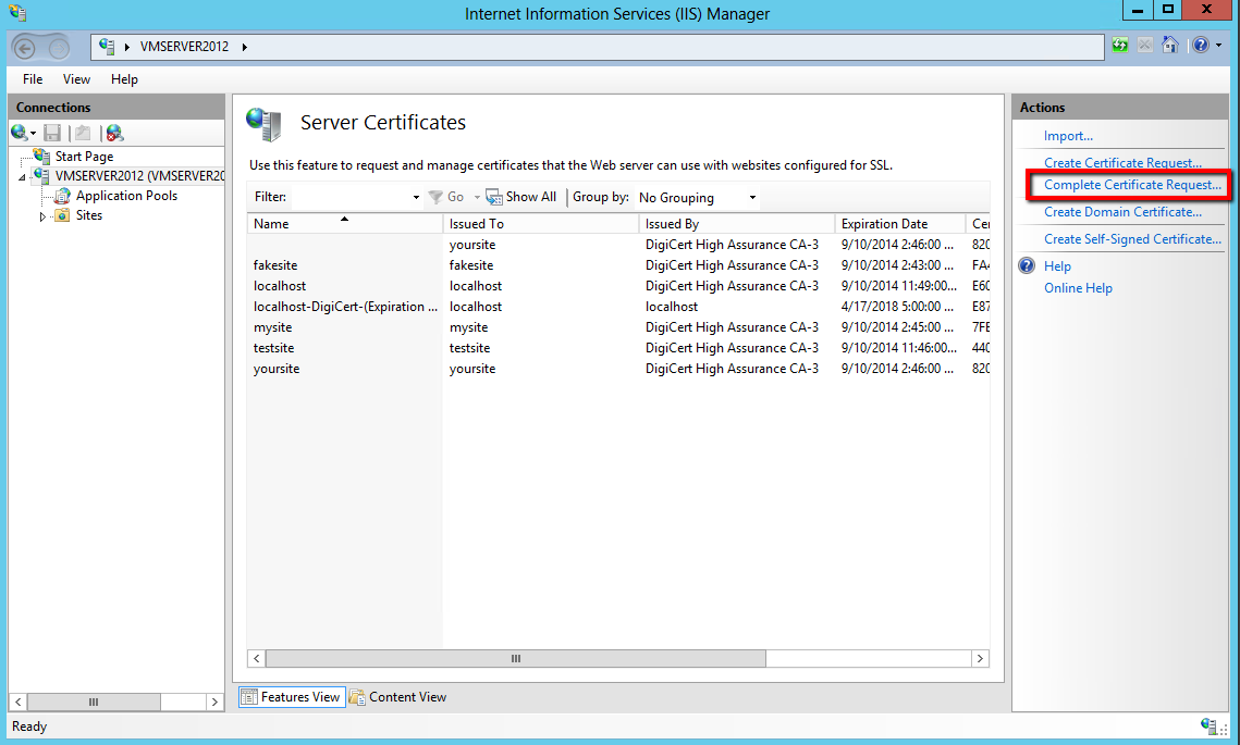 IIS 8 Complete Request Certificate