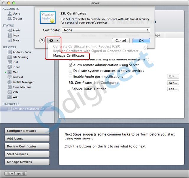 Lion Server 10.7 Manage Certificates