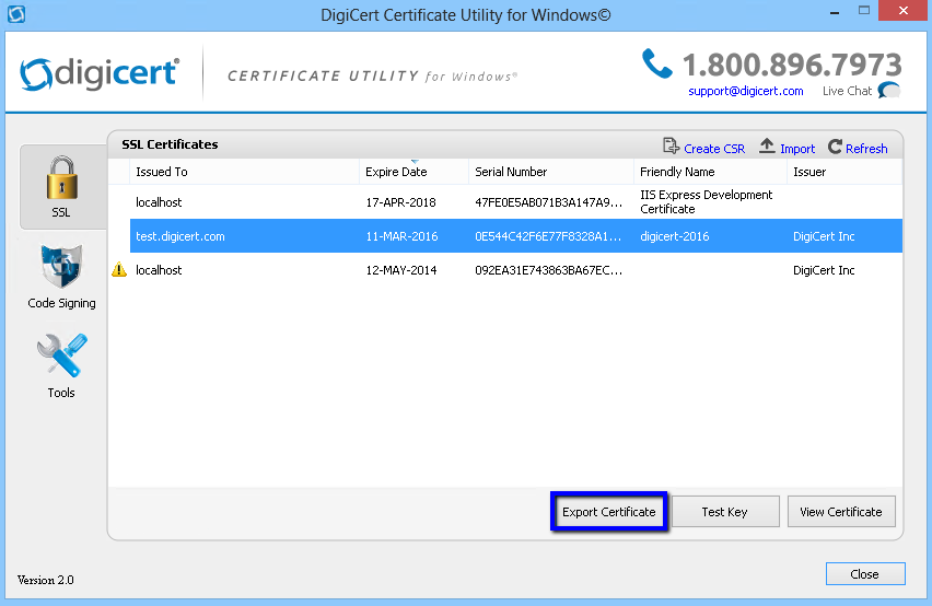 DigiCert Certificate Utility Export
