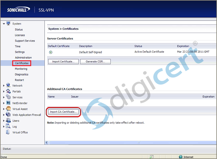 Sonicwall SSL Certificate Installation.  Click Import CA Certificate