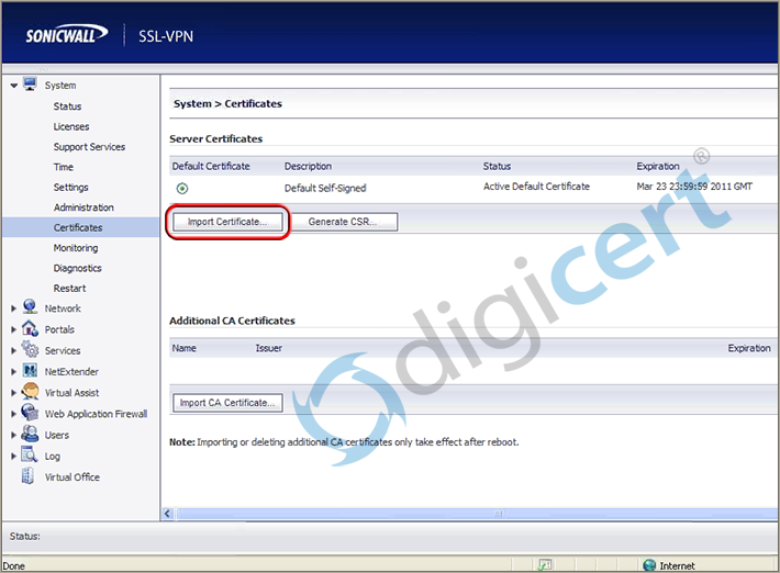 Sonicwall SSL Certificate Installation.  Click Import Certificate