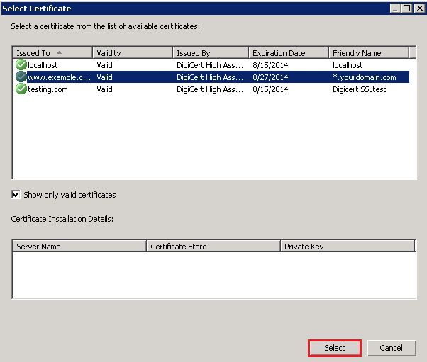 New Web Listener Definition Wizard: Select Certificate window