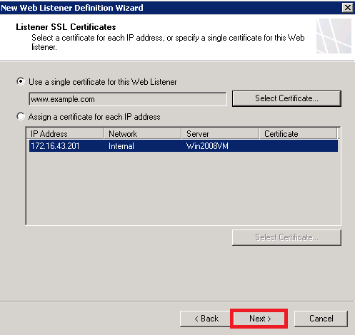 New Web Listener Definition Wizard: Listener SSL Certificates page