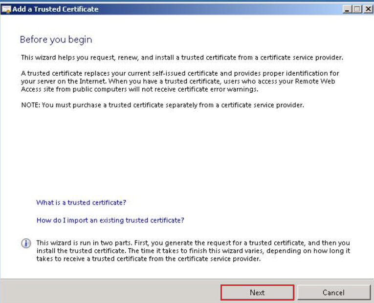 Add a Trusted Certificate wizard